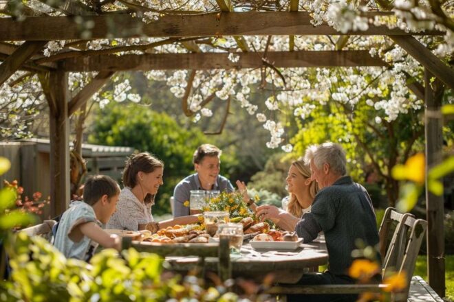 Famille repas pergola jardin soleil