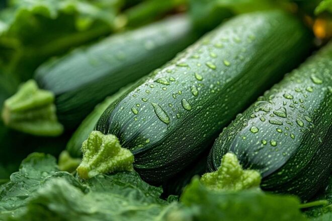 Courgettes entières avec gouttes de rosée
