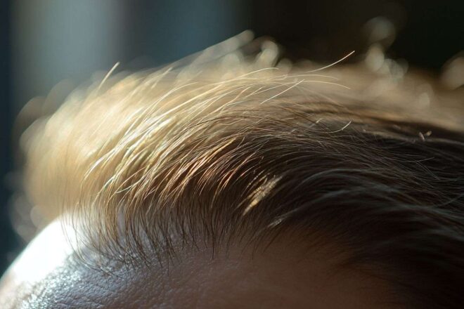 Gros plan du cuir chevelu montrant un amincissement des cheveux