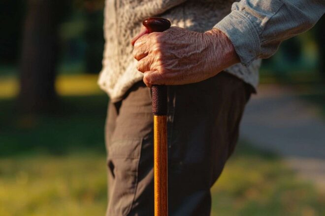 Gros plan sur des mains tenant des bâtons de marche