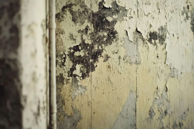 Mur avec moisissure noire et peinture écaillée