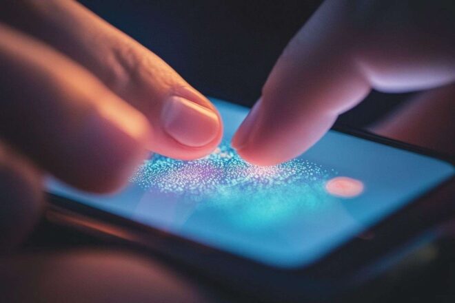 Vue focalisée sur les doigts touchant doucement le smartphone