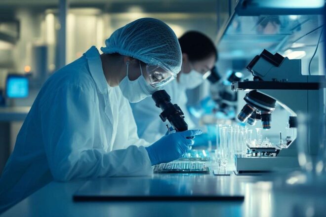 Chercheurs dans un laboratoire high tech de pékin analysant une puce ia futuriste sous un microscope