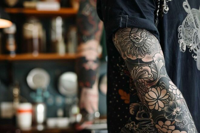 Gros plan tatouage manche motifs variés