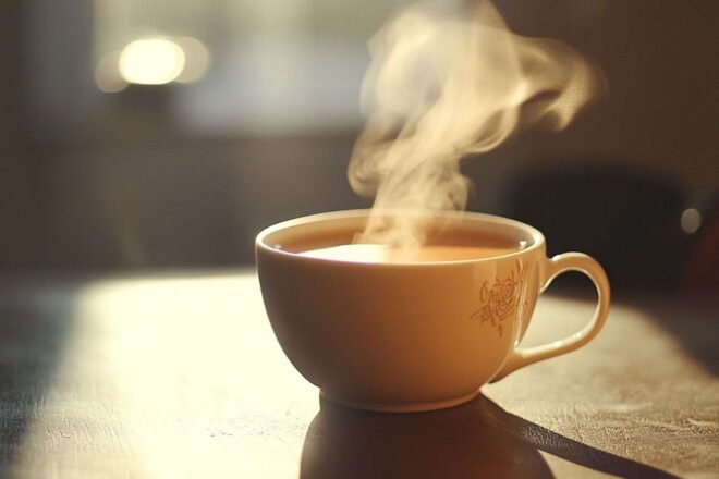 Tasse de thé fumante en gros plan