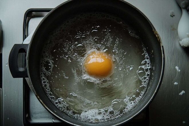 Vue du dessus d une casserole avec œuf flottant
