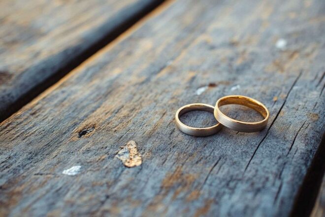 Bagues de mariage sur table en bois