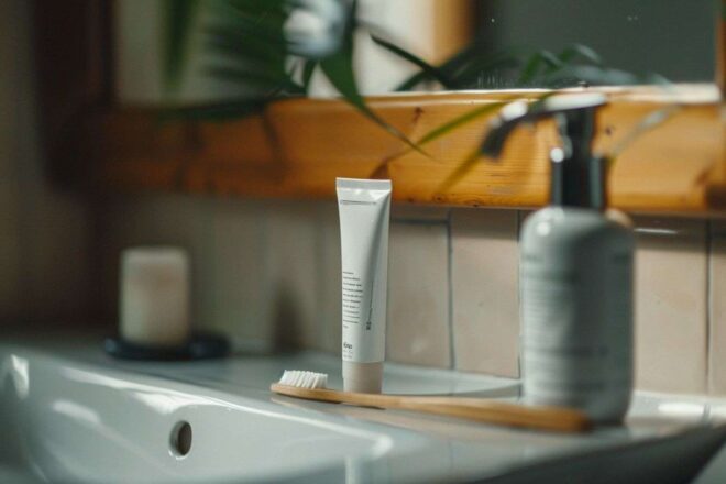 Brosse à dents en gros plan sur un lavabo
