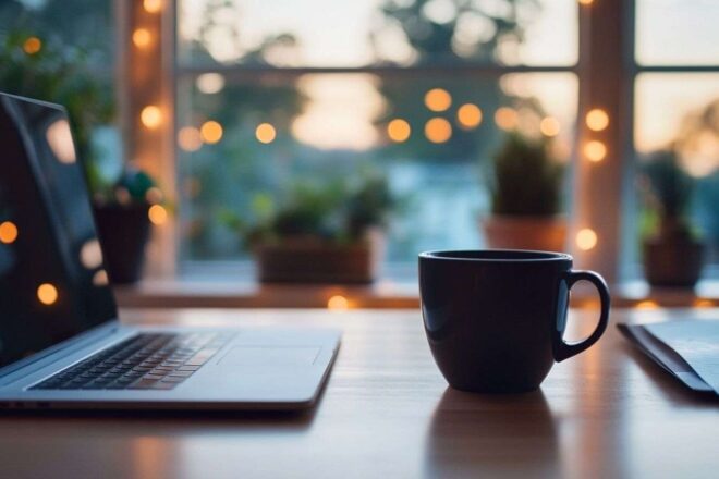 Espace de travail serein avec ordinateur portable et tasse de café