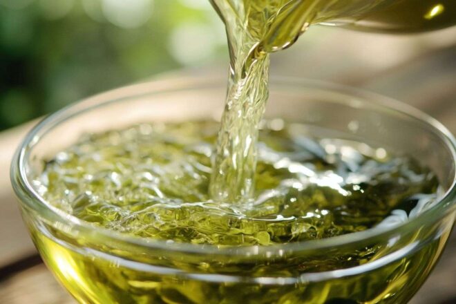 Infusion de thé vert versée dans un bol pour rinçage capillaire