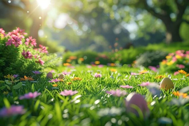 Œufs colorés dans l herbe verte