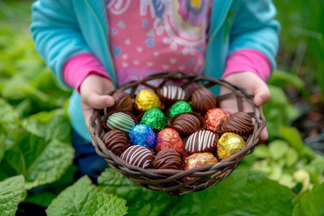Chocolat pâques jardin enfant joie couleur