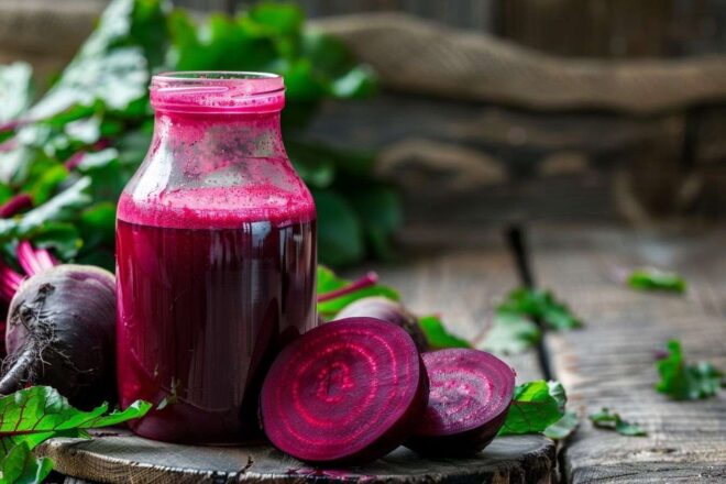 Gros plan d une bouteille en verre remplie de jus de betterave vibrant sur une table en bois rustique