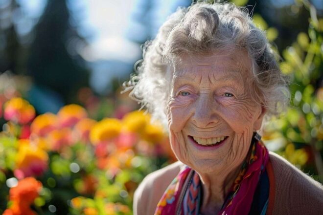 Gros plan d une personne âgée joyeuse souriant dans un jardin ensoleillé