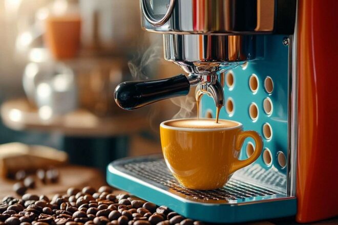 Machine à café colorée dans une cuisine moderne avec café fumant