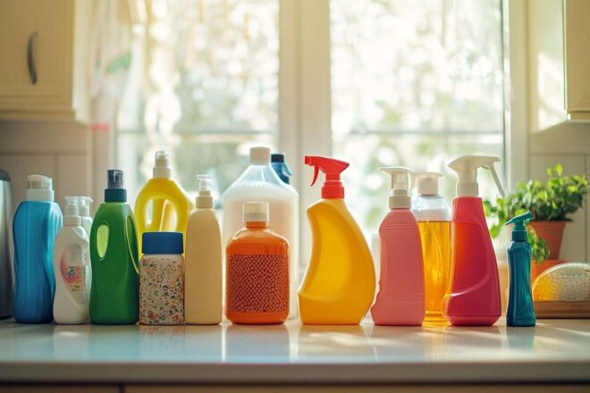 Produits ménagers colorés sur un comptoir de cuisine