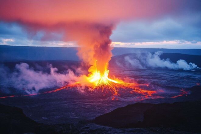 Vue panoramique de l éruption du volcan kilauea