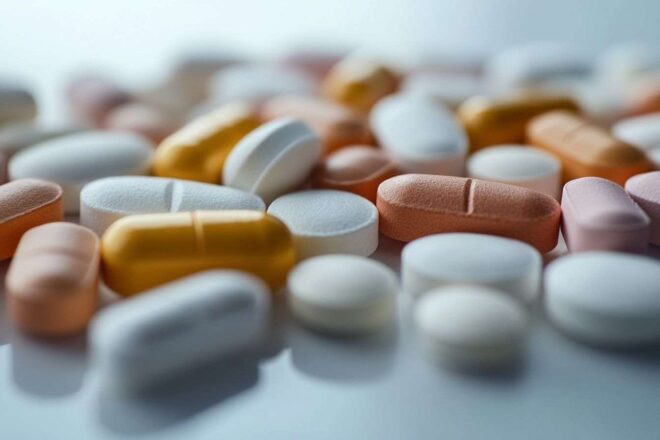 Gros plan de divers antibiotiques sur fond blanc