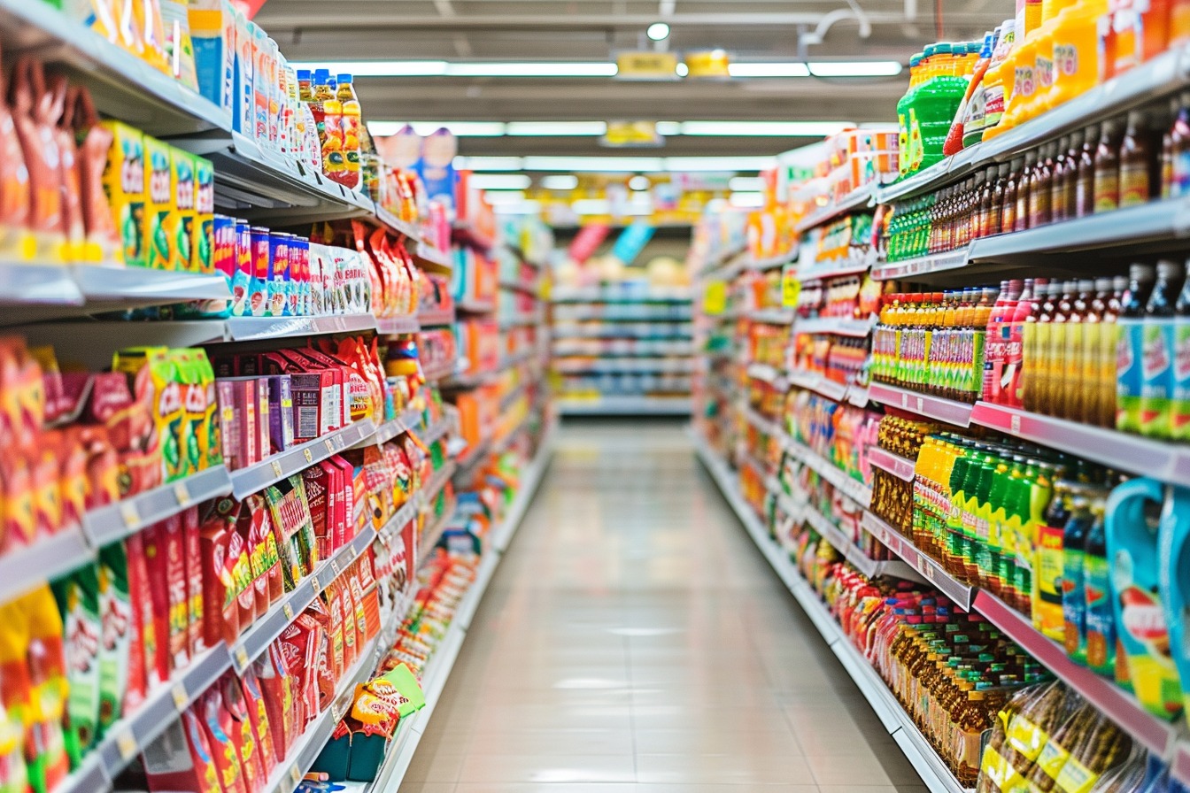 Illustration. Des produits ultra-transformés en supermarché.
