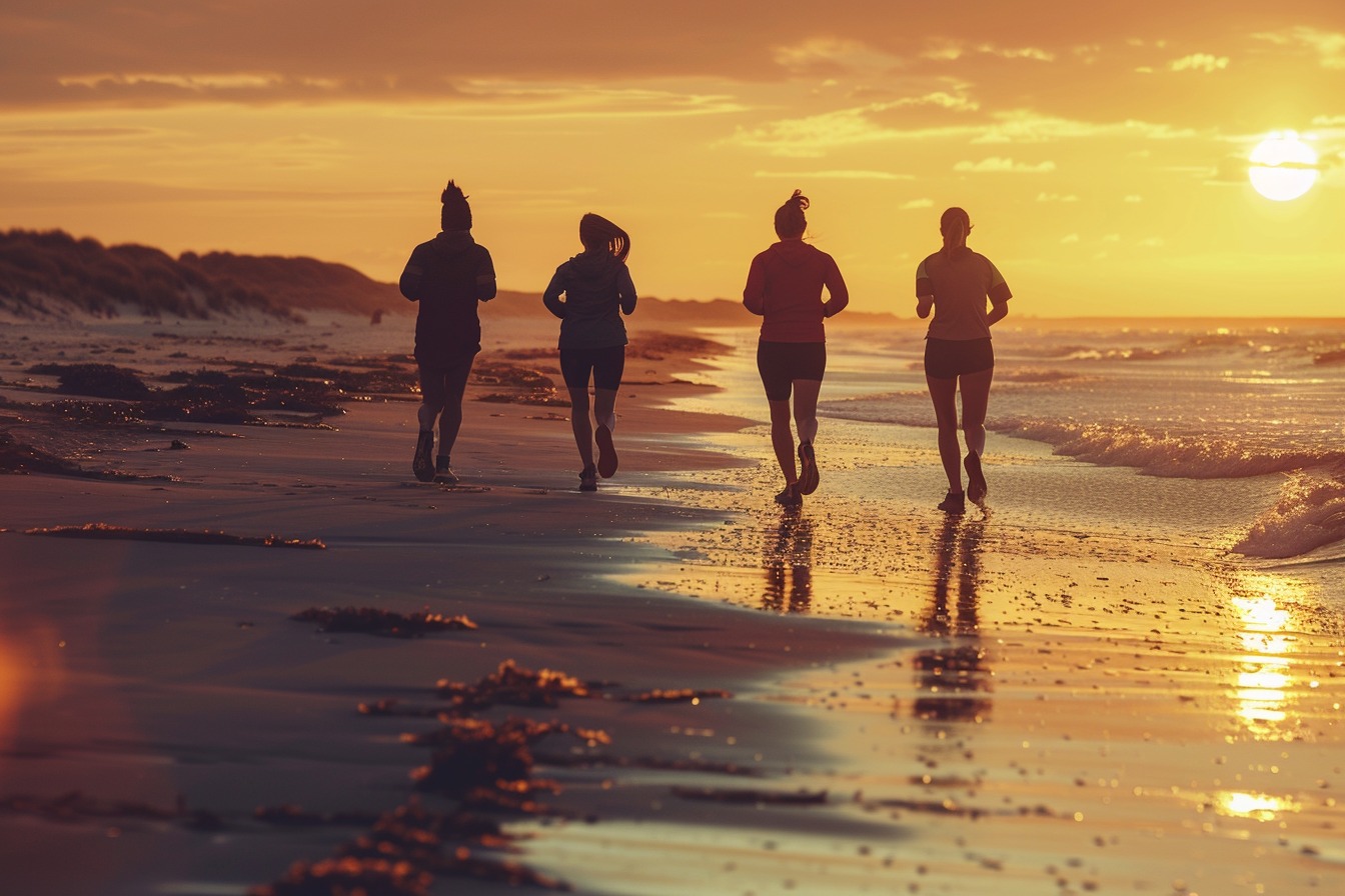 Illustration. Une marche rapide sur la plage, entre amis.