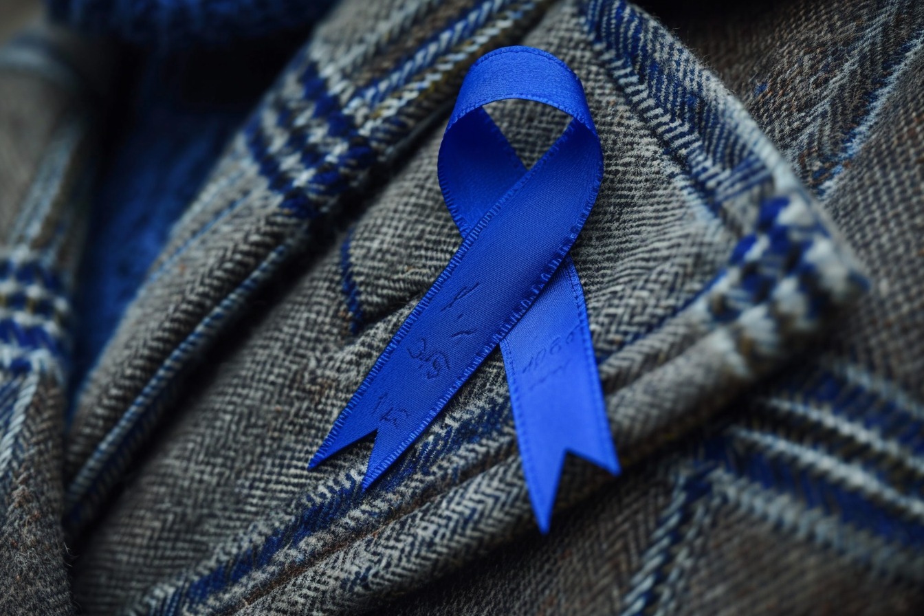Illustration. Ruban bleu, symbole de la lutte contre certains cancers.