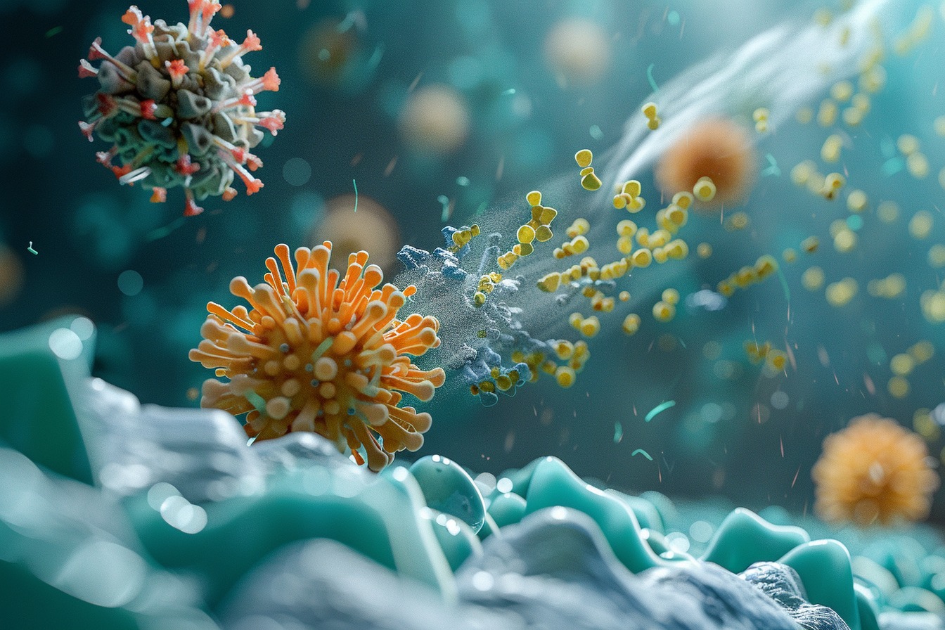 Illustration. Image conceptuelle d’un virus déclenchant une réponse immunitaire conduisant à l’apparition du diabète.