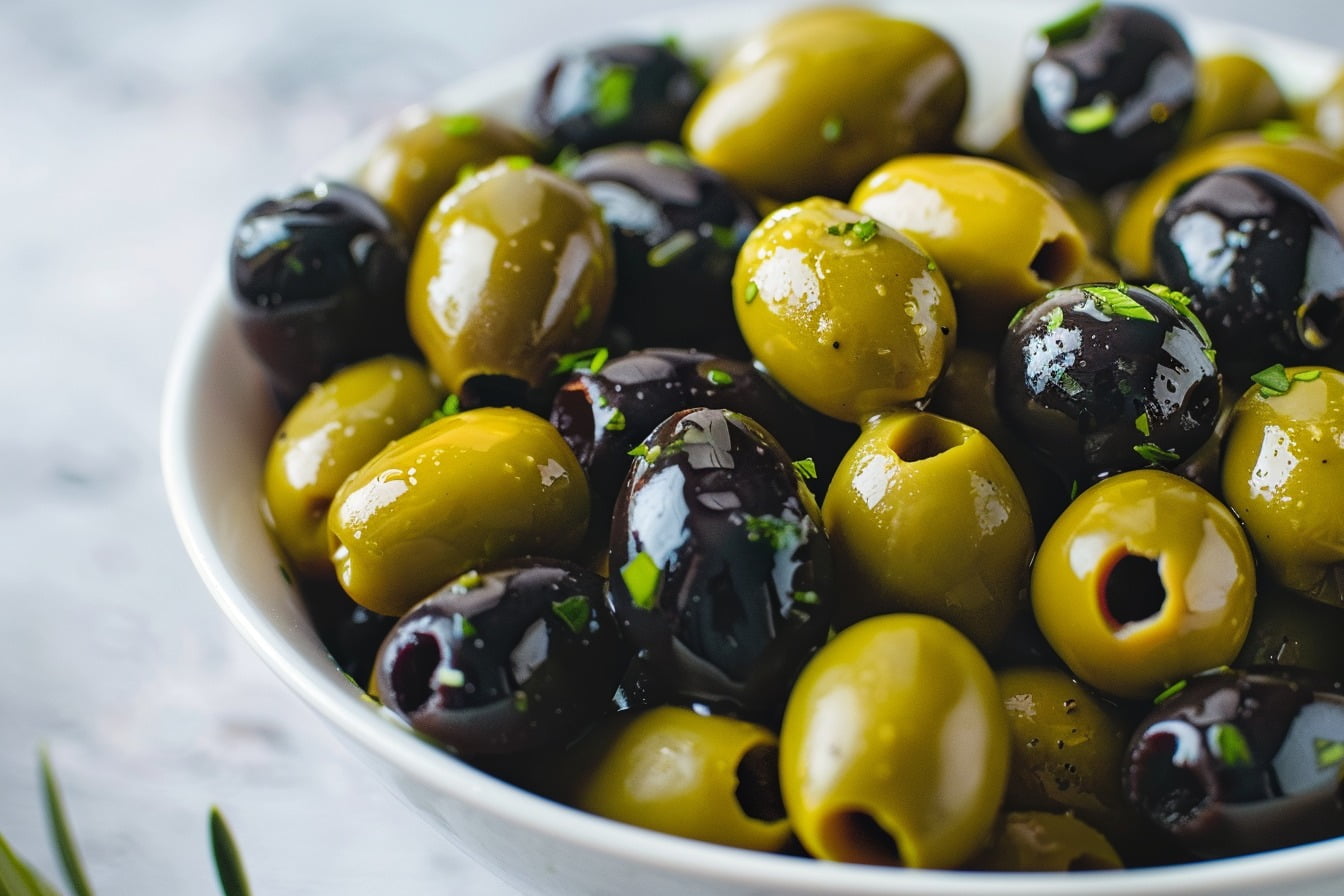 Illustration. Des olives vertes, noires.