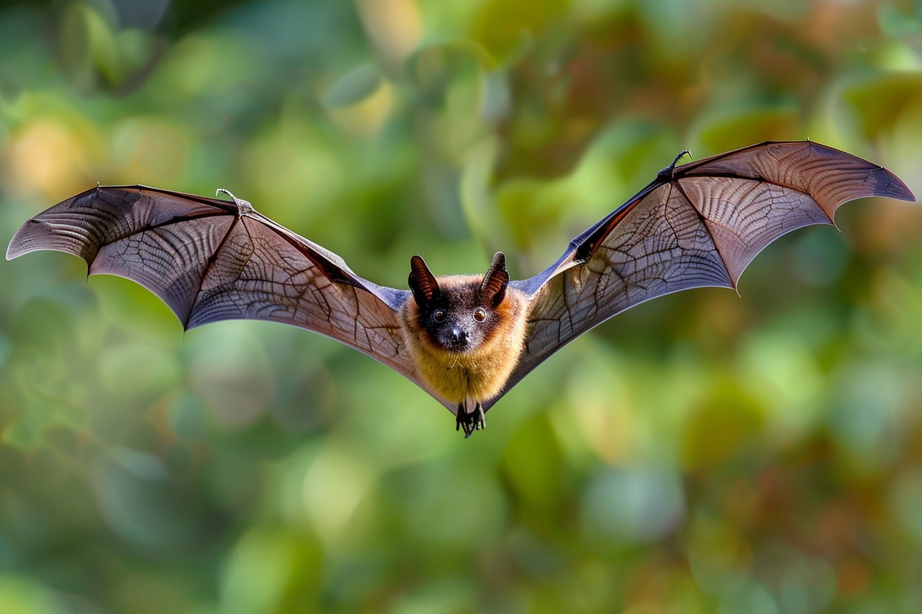 Illustration. Une chauve-souris en plein vol.