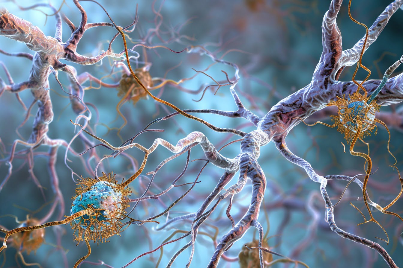 Illustration. Illustration d'un réseau de neurones avec des plaques et des enchevêtrements.