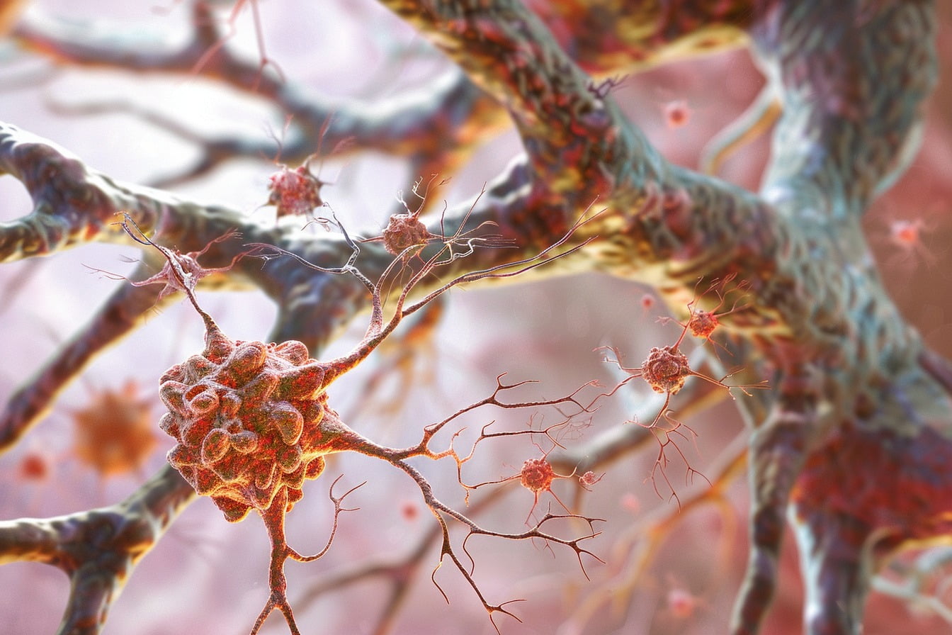 Illustration de cellules immunitaires attaquant la myéline dans le système nerveux central.