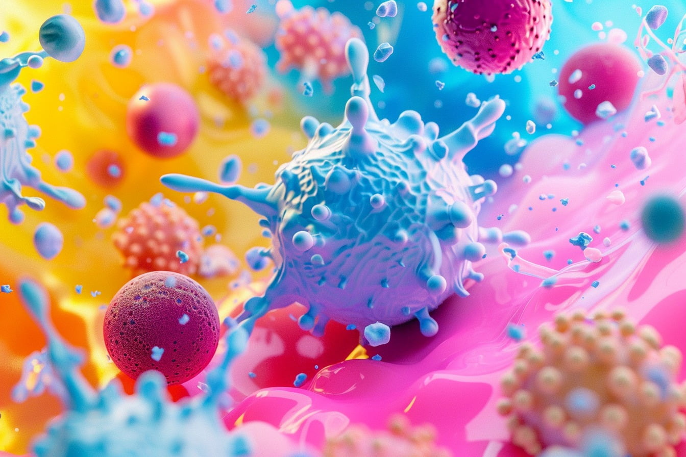 Illustration. Globules blancs attaquant des agents pathogènes.
