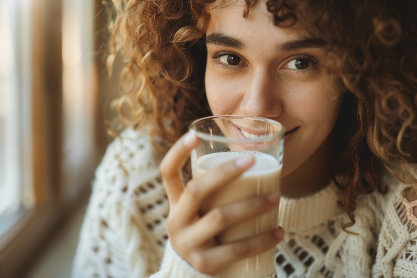 Image d'illustration. une femme boit un verre de lait