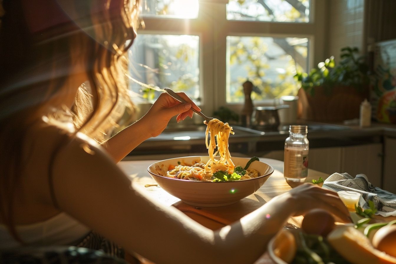 Image d'illustration. Une jeune femme mange des spaghettis dans sa cuisine
