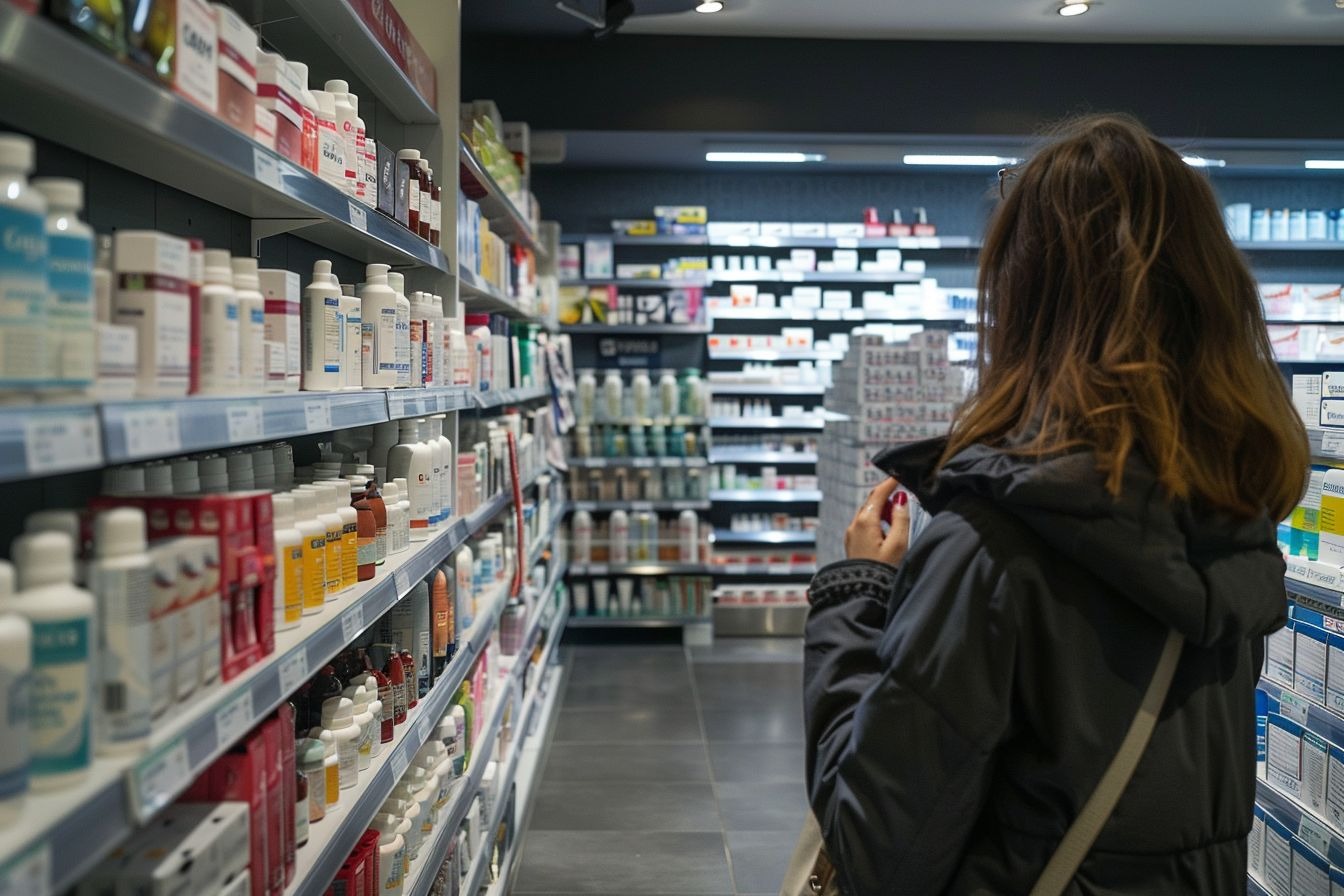Image d'illustration. Une femme dans une allée de pharmacie