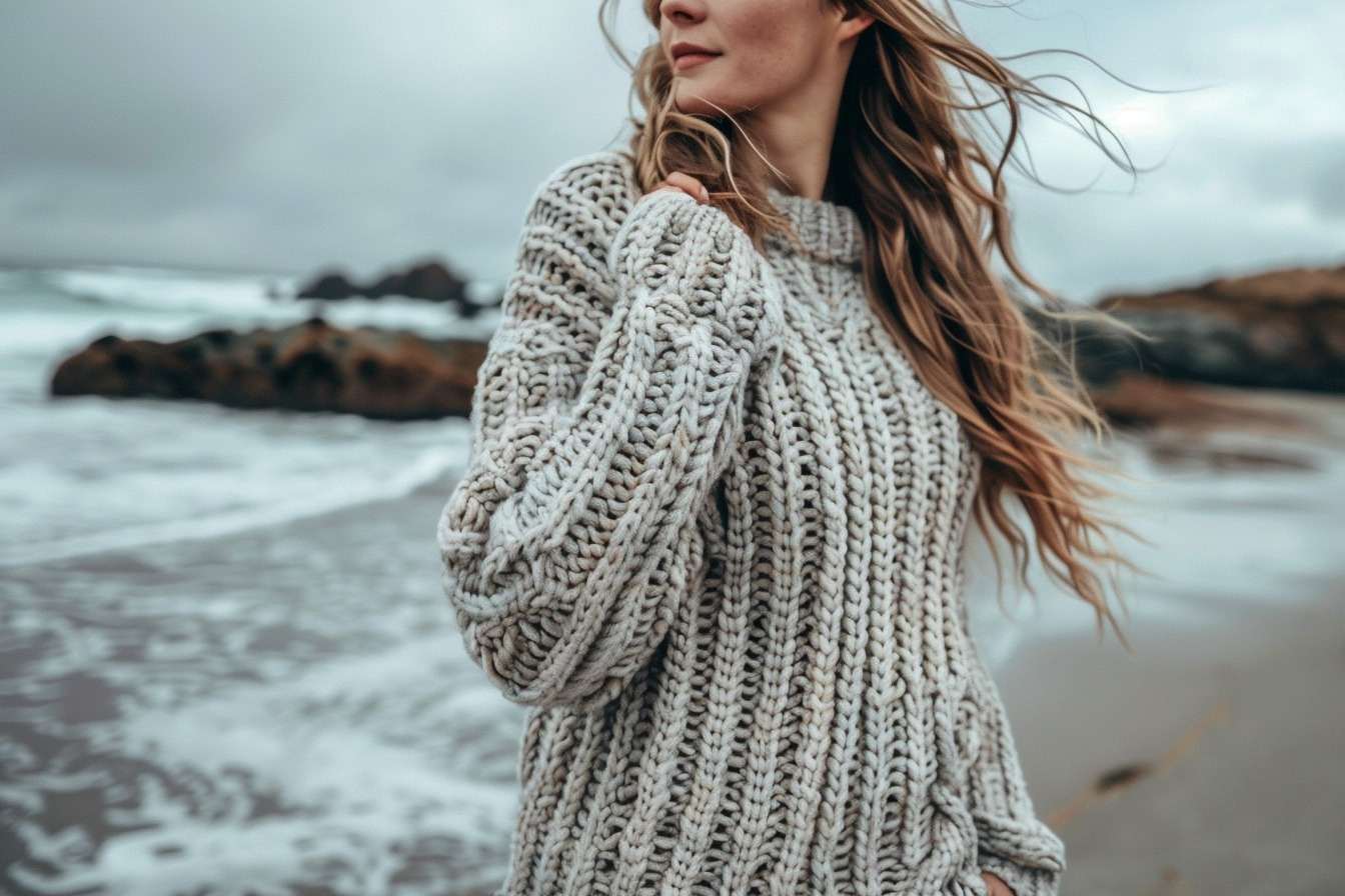 Femme, plage, froid