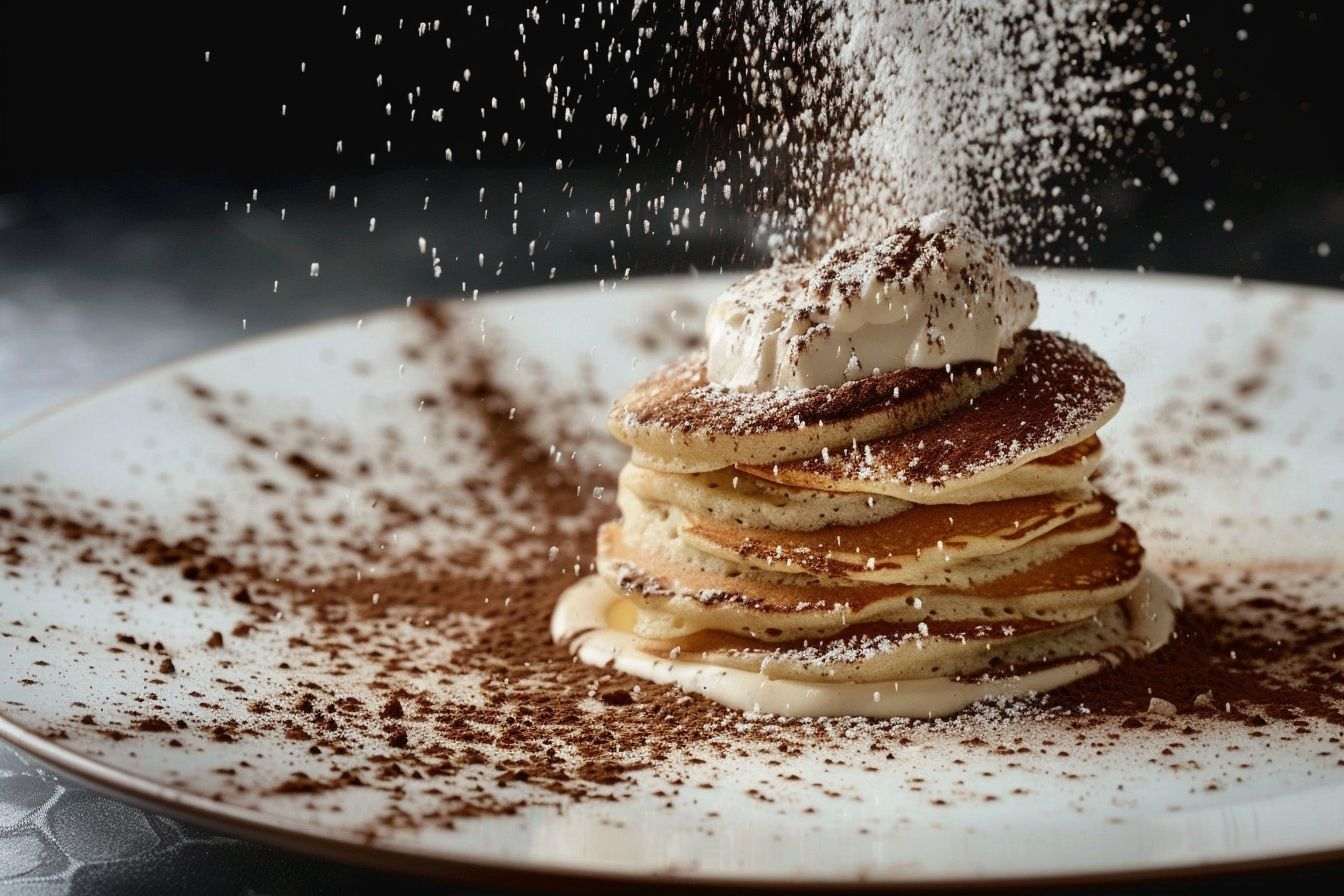 Image d'illustration. Dessert de crêpes en étages façon tiramisu avec cacao