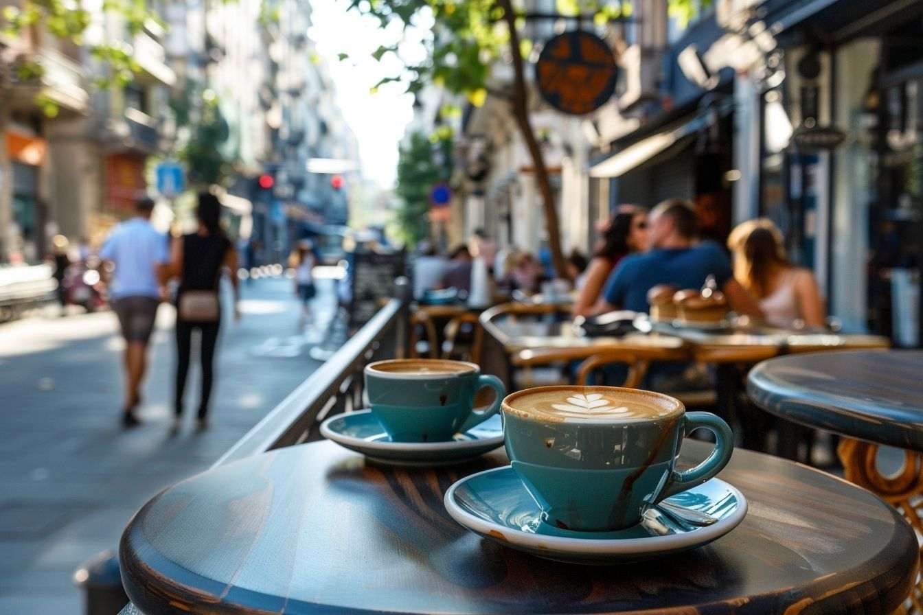 Image d'illustration. Vue panoramique terrasse avec tasses de café