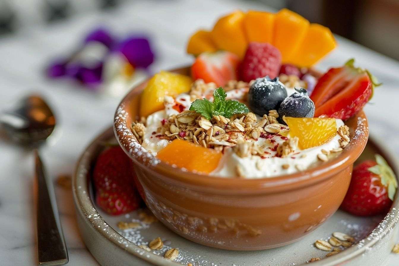 Image d'illustration. Yaourt grec traditionnel avec fruits et granola