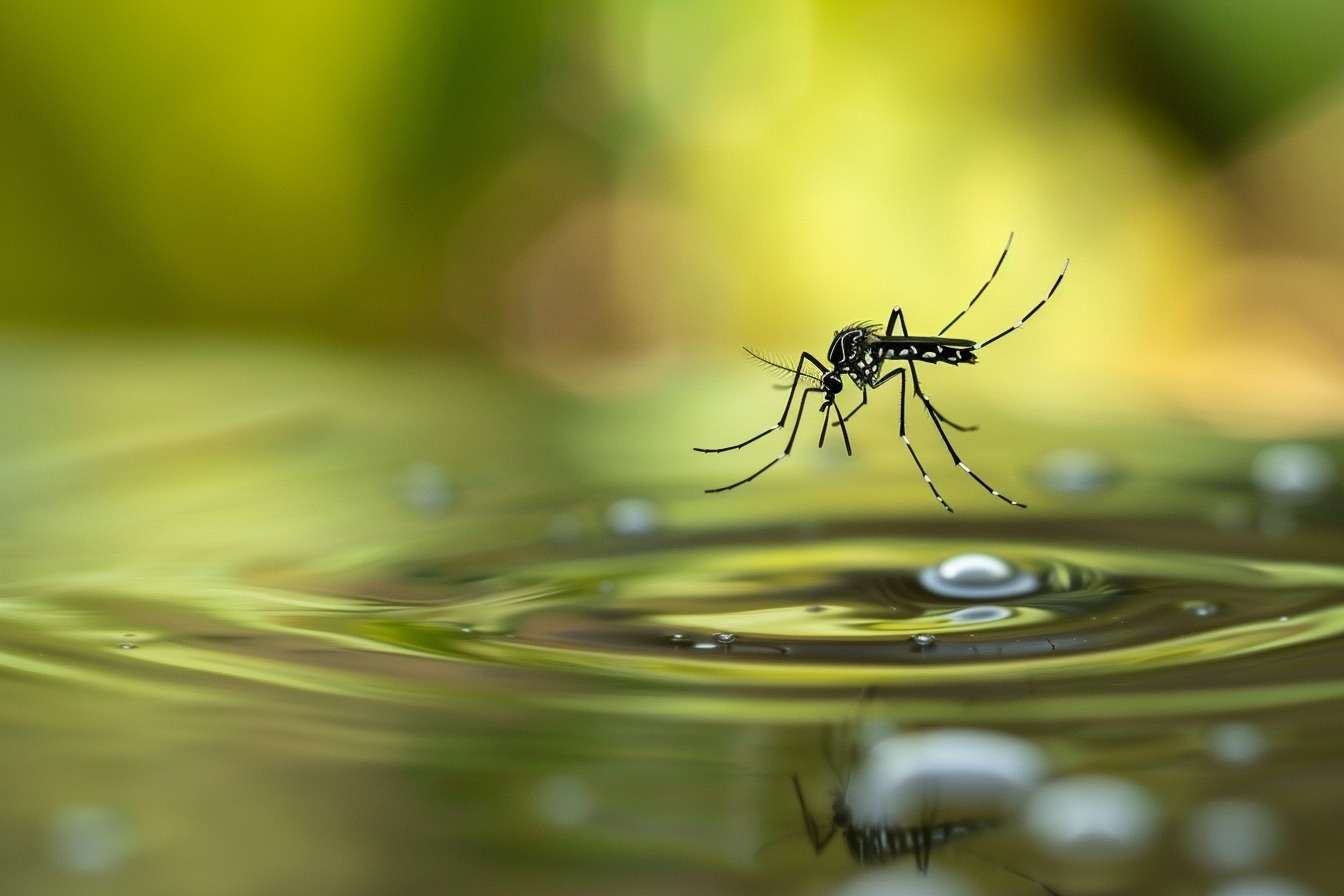 Image d'illustration. Moustique Aedes albopictus au-dessus d'une flaque d'eau.