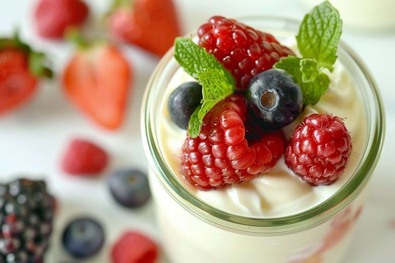 Image d'illustration. Gros plan de yaourt maison crémeux dans un bocal en verre avec des fruits frais