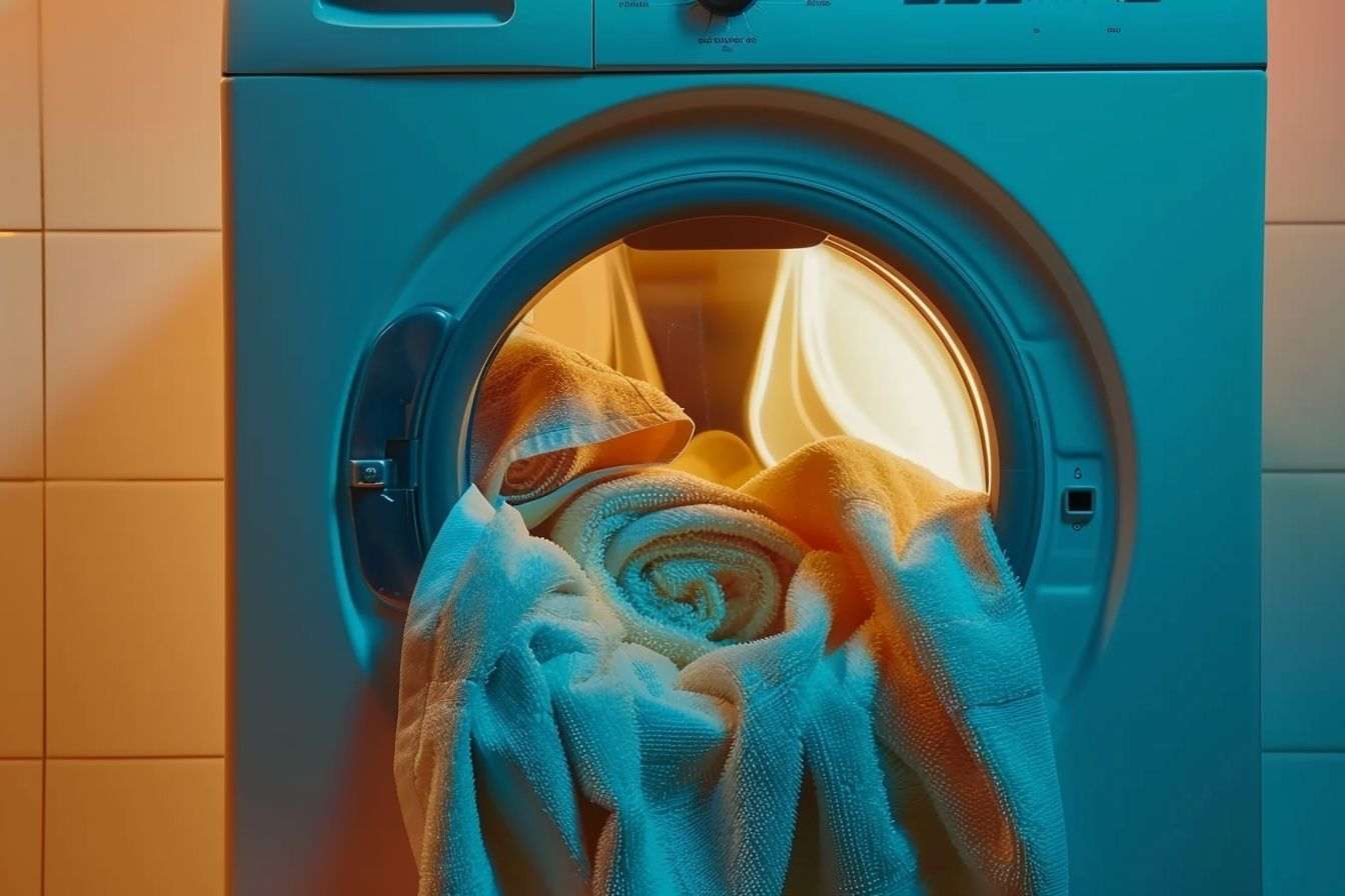 Image d'illustration. Porte de sèche linge entrouverte avec serviettes moelleuses