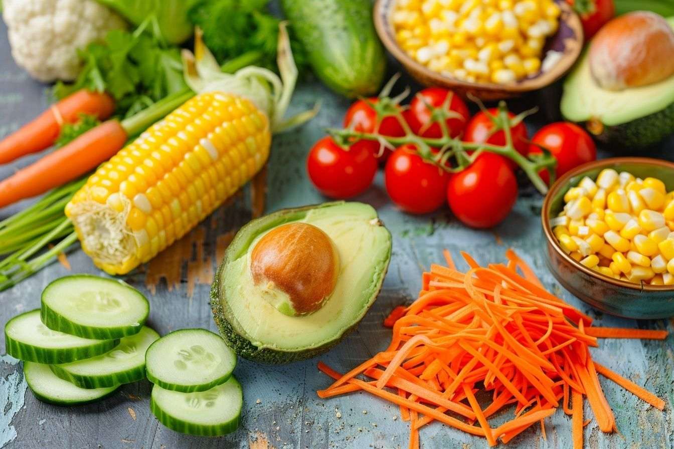 Préparation culinaire avec légumes frais sur table rustique