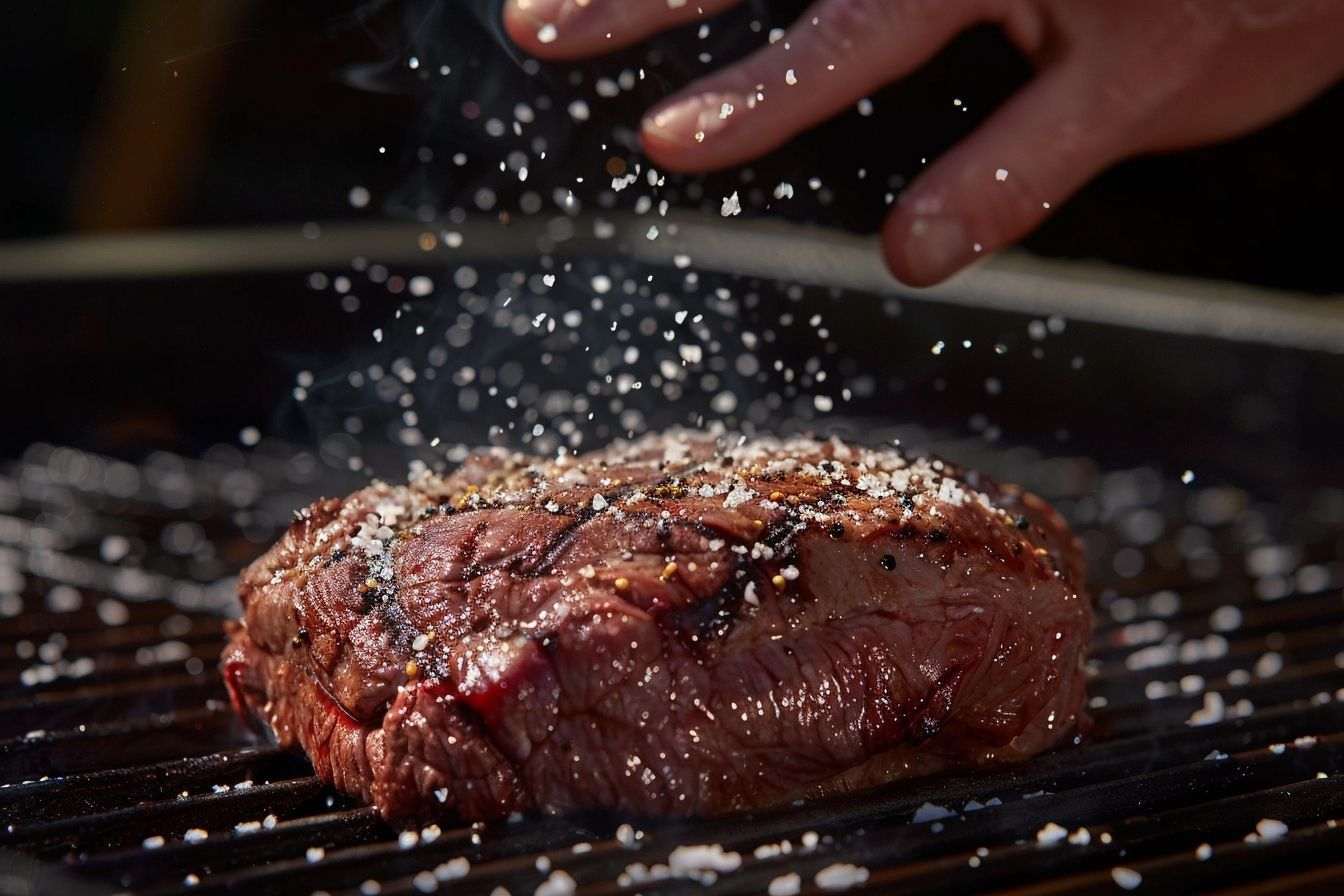 Viande juteuse sur le grill avec sel