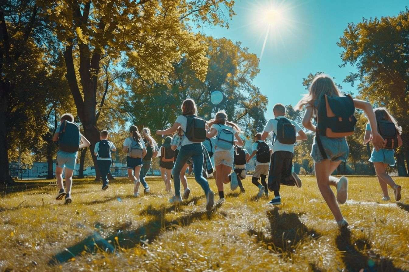 Enfants joyeux courant dans le parc ensoleillé