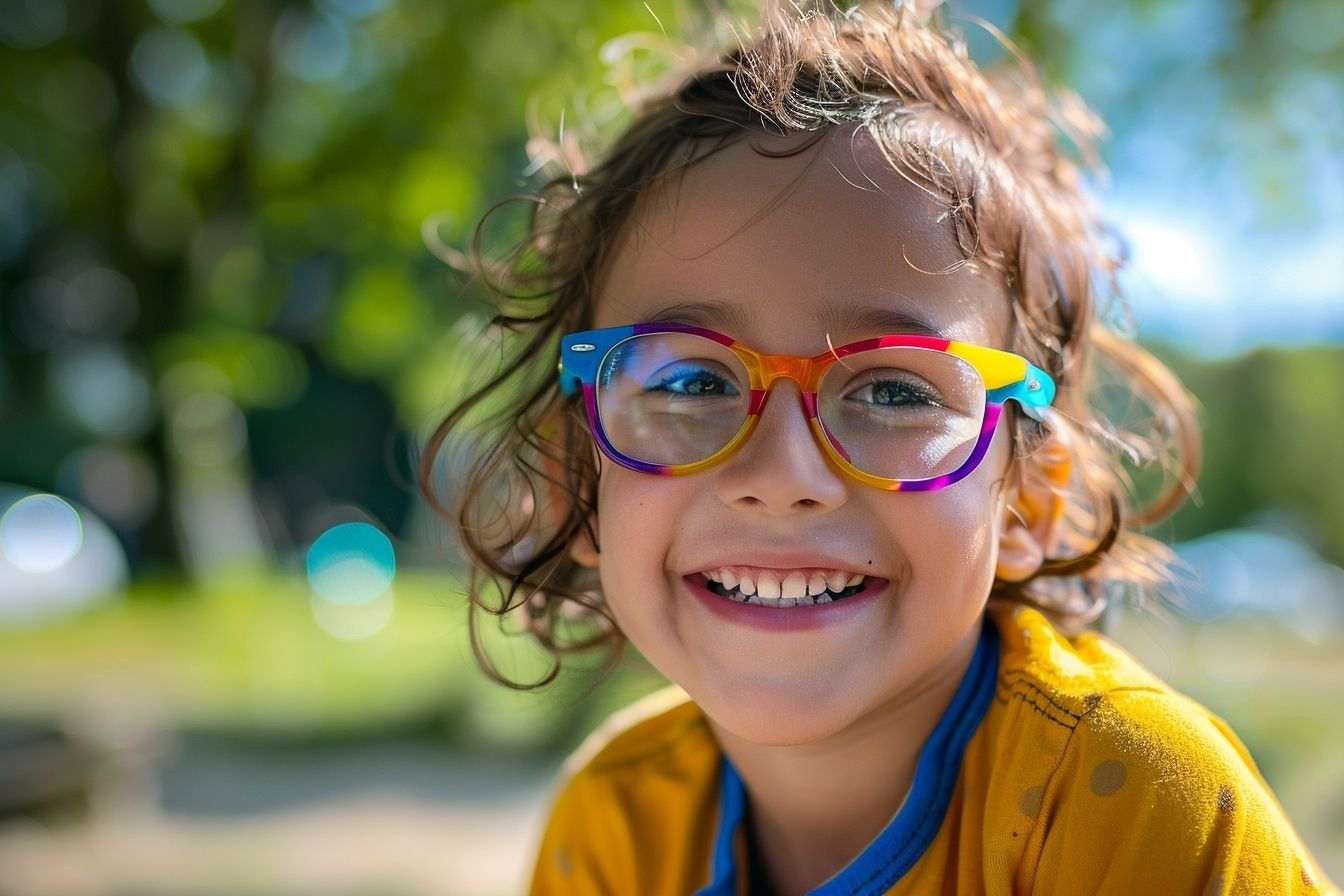 Gros plan d un enfant portant des lunettes colorées