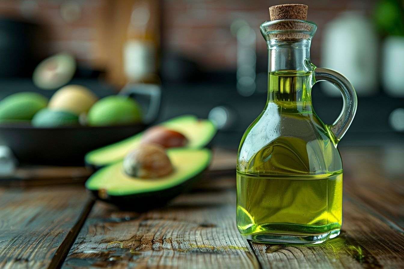 Image d'illustration. Gros plan sur une bouteille d huile d avocat verte