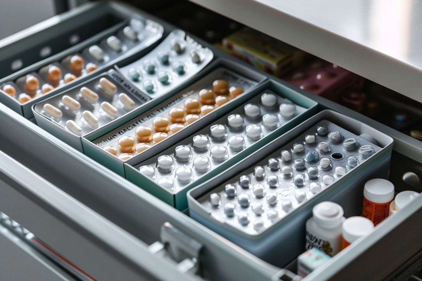 Tiroir ouvert avec contraceptifs hormonaux organisés