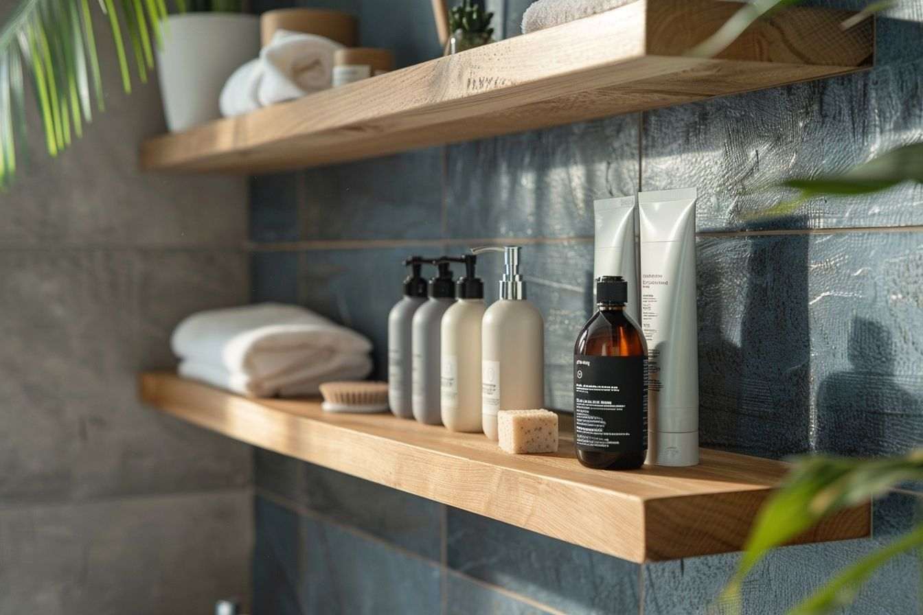Image d'illustration. Étagère de salle de bain élégante avec des produits capillaires