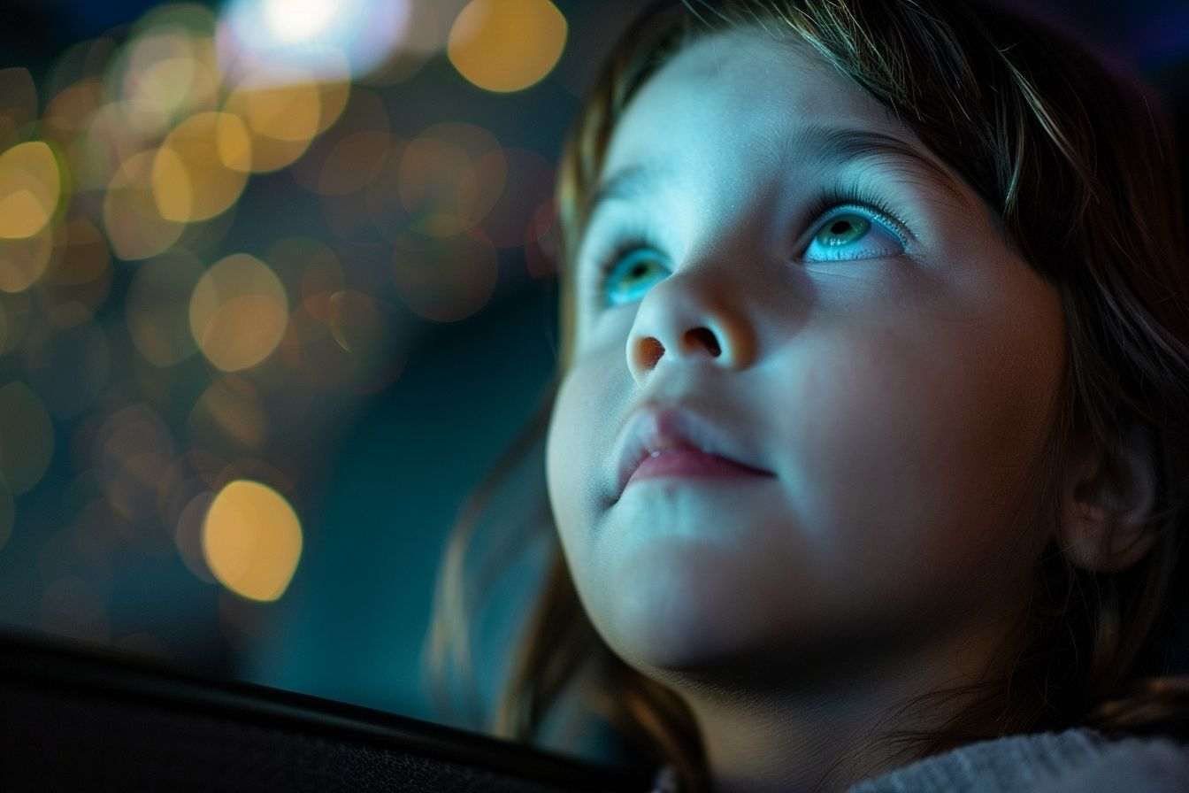 Image d'illustration. Gros plan du visage d'un enfant émerveillé par l'écran de cinéma