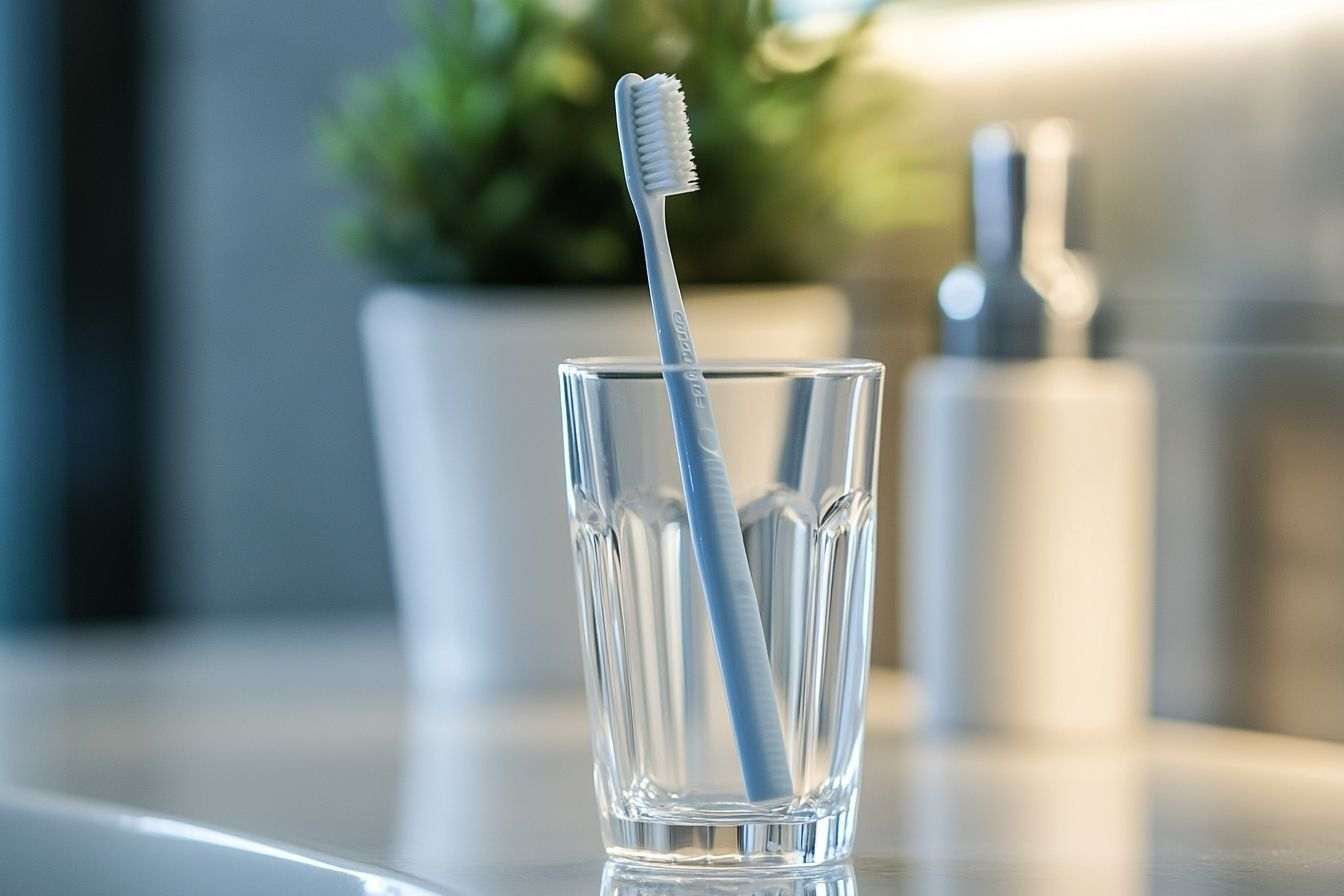 Image d'illustration. Brosse à dents dans un verre en gros plan